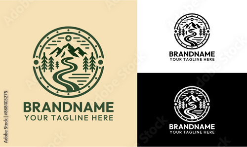 Minimalist Mountain River Trees Badge Circular Hiking Adventure Logo Template
