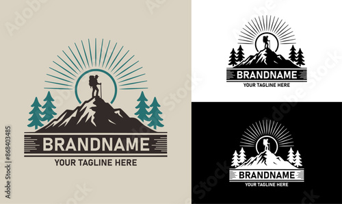 Mountain Climber Logo Design with Peak, Trees, and Sun Rays in Circular Design