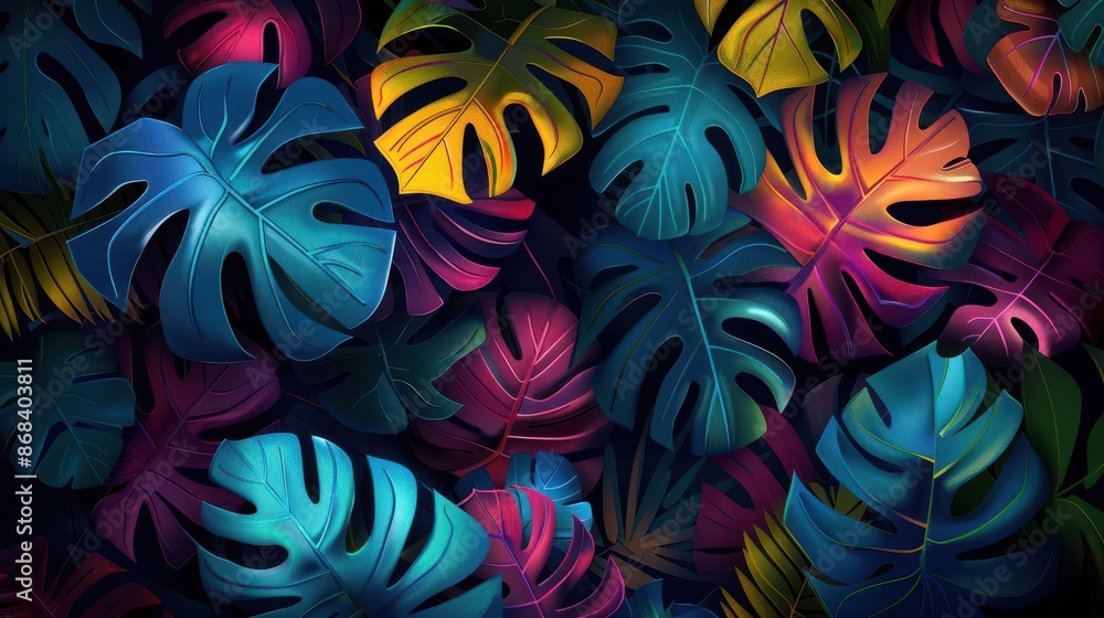 tropical oasis lush and colorful exotic leaves against dark background vibrant digital illustration for botanical aesthetics tropical oasis lush and colorful exotic leaves against dark background vibrant digital illustration for botanical aesthetics