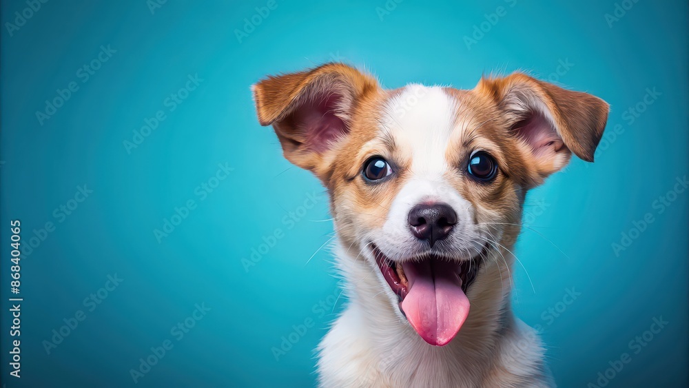 Hungry puppy dog with tongue out and winking eye on blue background, puppy, dog, hungry, funny, licking Hungry puppy dog with tongue out and winking eye on blue background, puppy, dog, hungry, funny, licking