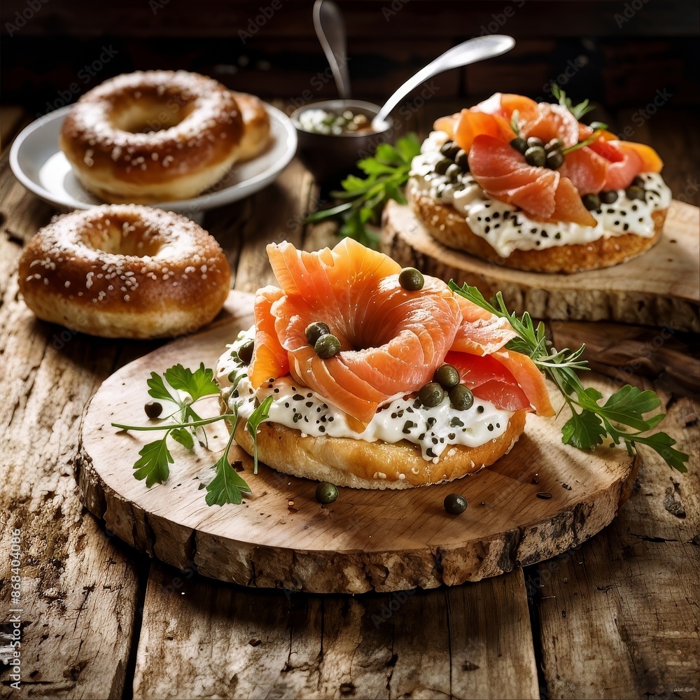 An enticing photograph of a fresh bagel with smoked salmon, cream cheese, and capers, set on a rustic wooden table under warm, natural lighting. An enticing photograph of a fresh bagel with smoked salmon, cream cheese, and capers, set on a rustic wooden table under warm, natural lighting.