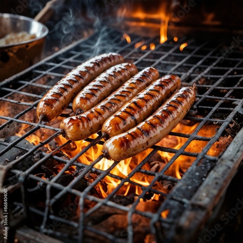 Grilled Sausages: A close-up of various grilled sausages, with crispy casings and juicy interiors, served with grilled onions. photo