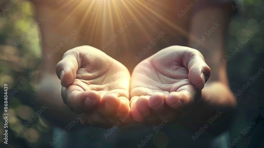 Image of two hands gently cupping light rays emanating a warm glow, with a peaceful, natural background, signifying gentleness, serenity, and inspiration. Image of two hands gently cupping light rays emanating a warm glow, with a peaceful, natural background, signifying gentleness, serenity, and inspiration.