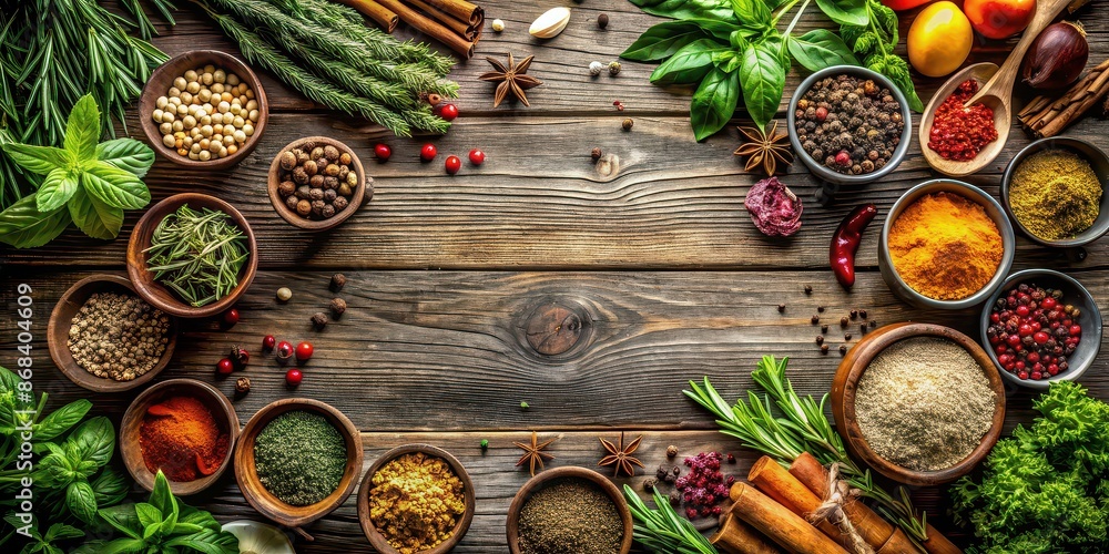 Food background with assorted fresh herbs and spices on a rustic wooden table, culinary, ingredients, seasonings, cooking Food background with assorted fresh herbs and spices on a rustic wooden table, culinary, ingredients, seasonings, cooking