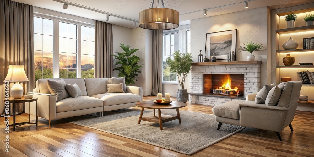 Interior of a cozy living room with a fireplace and plush furniture, cozy, living room, fireplace, plush Interior of a cozy living room with a fireplace and plush furniture, cozy, living room, fireplace, plush