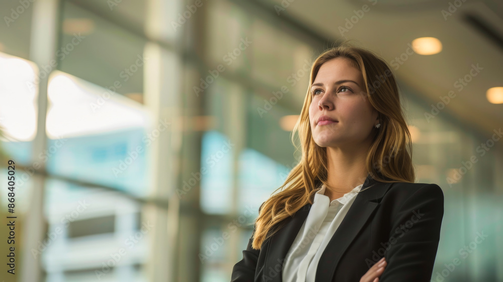 Fototapeta premium Portrait of a young woman in office clothes standing in a light office corridor. Beautiful woman looking at camera indoors. Office work concept.