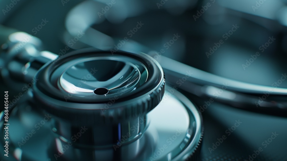Close-up macro photography of a stethoscope, focusing on the diaphragm and tubing. Close-up macro photography of a stethoscope, focusing on the diaphragm and tubing.