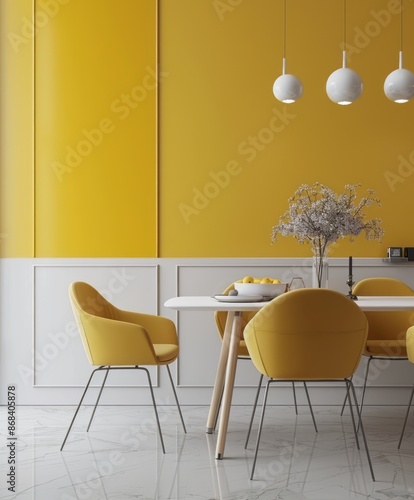 Dining area with a yellow wall and modern chairs