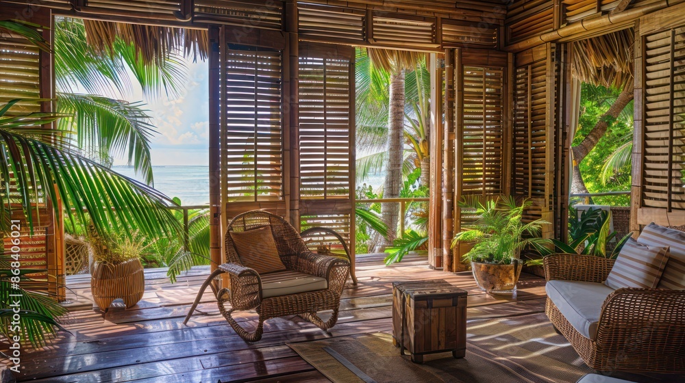 Fototapeta premium tropical resort with woven bamboo Bahama shutters, enhancing the natural, relaxed atmosphere of the vacation spot