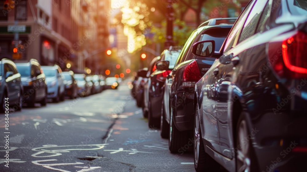 Obraz premium A row of parked cars on a busy city street, demonstrating the demand for parking in urban areas.