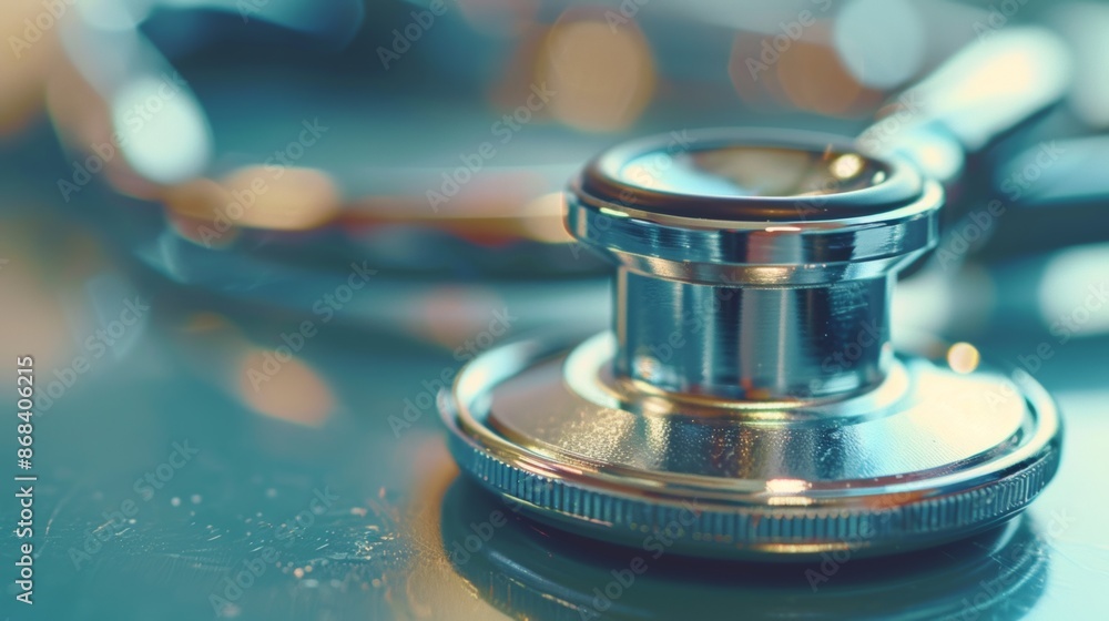 Close-up macro photography of a stethoscope, focusing on the diaphragm and tubing. Close-up macro photography of a stethoscope, focusing on the diaphragm and tubing.