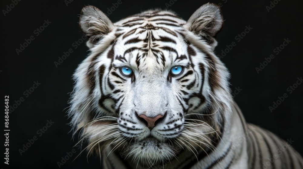 Majestic white tiger with blue eyes in the wild nature on a dark background a symbol of beauty and power Majestic white tiger with blue eyes in the wild nature on a dark background a symbol of beauty and power