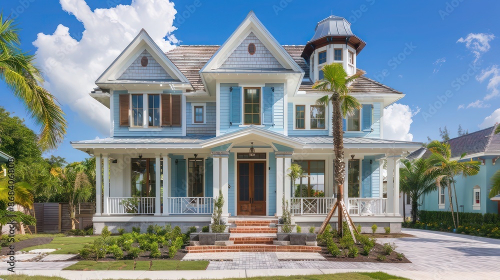 Victorian home with contrasting modern Bahama shutters, melding old-world charm with new-world functionality Victorian home with contrasting modern Bahama shutters, melding old-world charm with new-world functionality