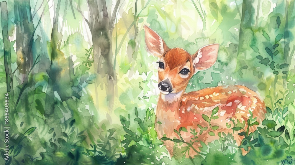 Naklejka premium vibrant watercolor illustration of cute baby deer in forest whimsical woodland animal art