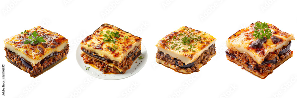 A layered moussaka dish with eggplant, minced meat, isolated on a transparent background A layered moussaka dish with eggplant, minced meat, isolated on a transparent background