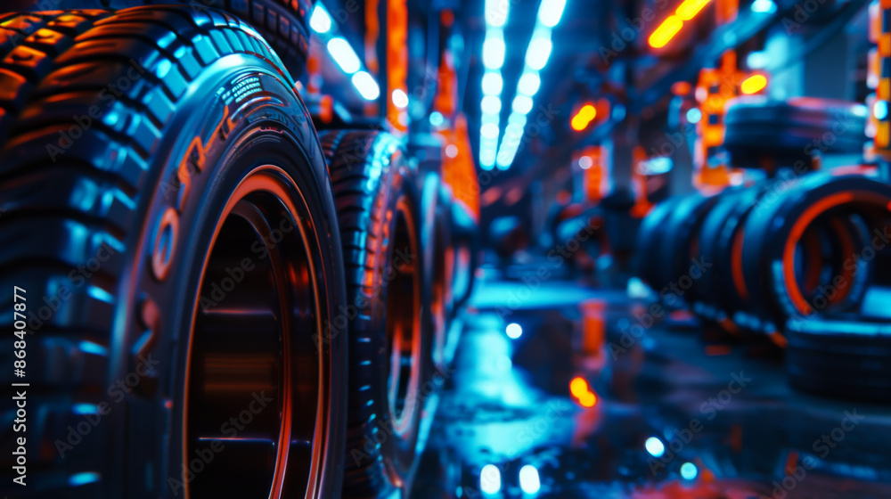 Fototapeta premium A lot of tires with different treads stand in a dark auto repair shop with warm lighting. Tires in room. Concept of auto parts, rubber.