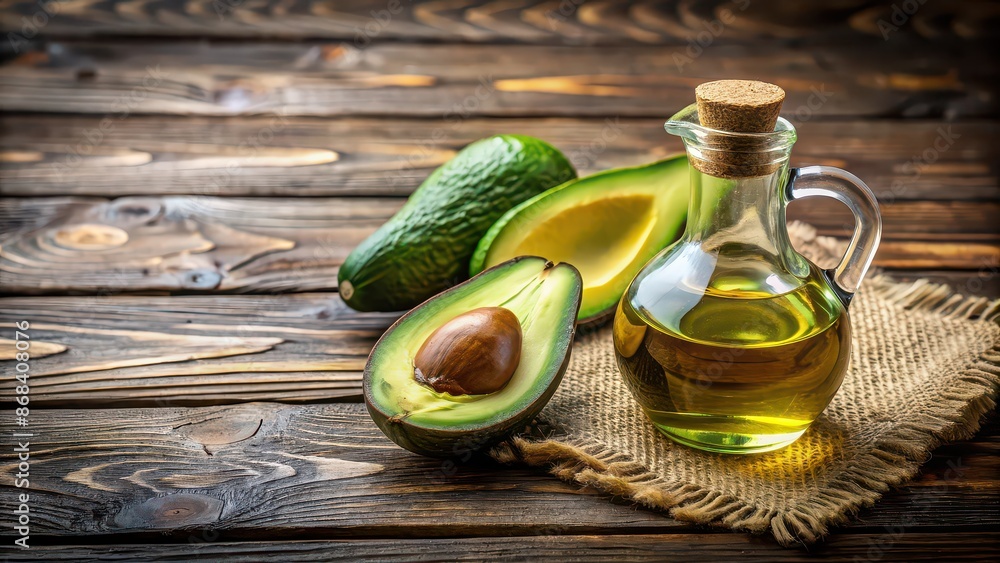 Oil and ripe fresh avocado on rustic wooden table, avocado, oil, ripe, fresh, healthy, cooking, ingredients, natural, organic Oil and ripe fresh avocado on rustic wooden table, avocado, oil, ripe, fresh, healthy, cooking, ingredients, natural, organic