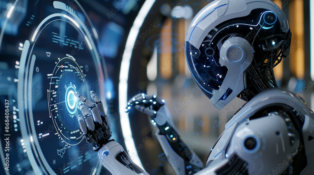 Illustrate the concept of artificial intelligence with a futuristic robot interacting with a digital interface, captured using a telephoto lens in a high-tech lab, Generative AI