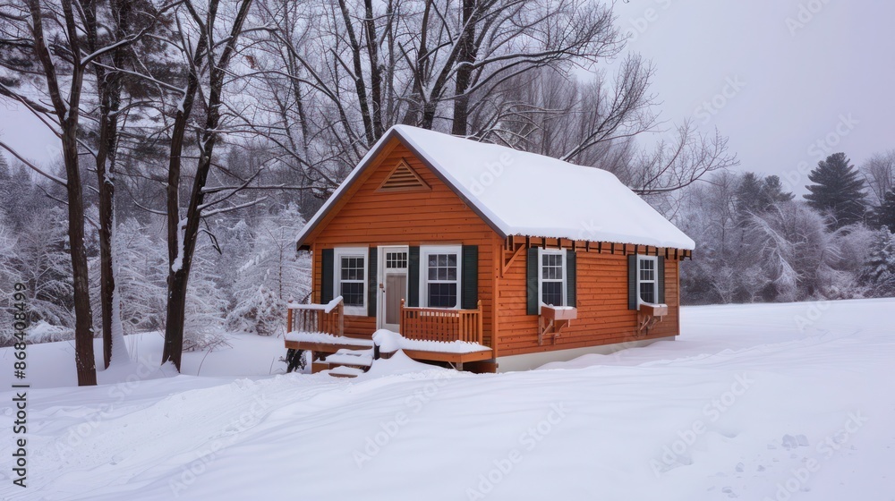 winter cabin with insulated Bahama shutters, providing warmth and style in the snowy landscape winter cabin with insulated Bahama shutters, providing warmth and style in the snowy landscape
