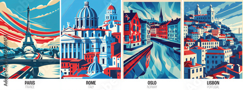 Set of european city posters including paris rome oslo lisbon