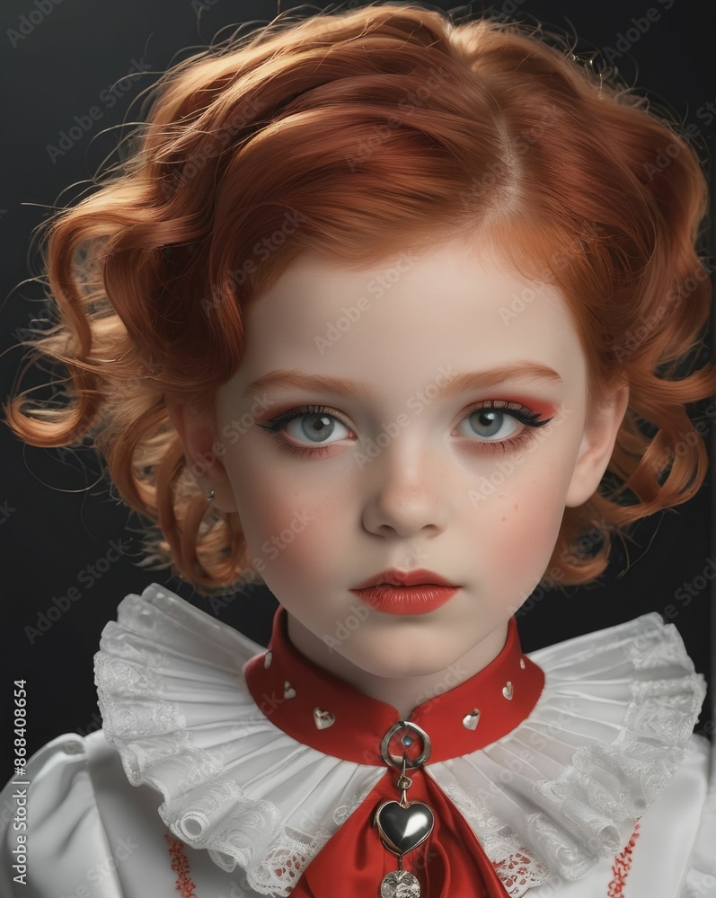 Close-up portrait of a red-haired child wearing heart-shaped jewelry, a ruffled collar, and detailed makeup. Close-up portrait of a red-haired child wearing heart-shaped jewelry, a ruffled collar, and detailed makeup.