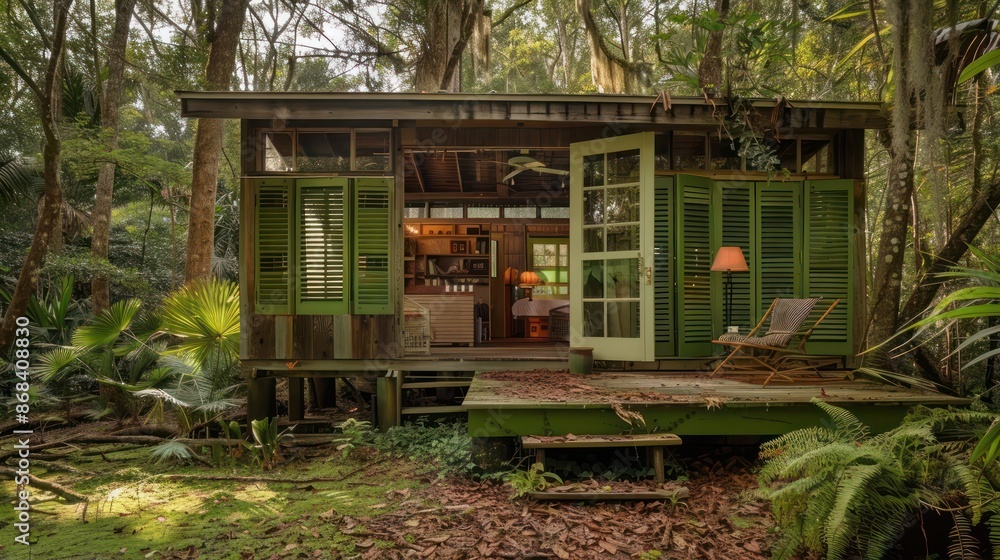 woodland retreat with moss green Bahama shutters, blending naturally with the forest canopy and providing shade woodland retreat with moss green Bahama shutters, blending naturally with the forest canopy and providing shade