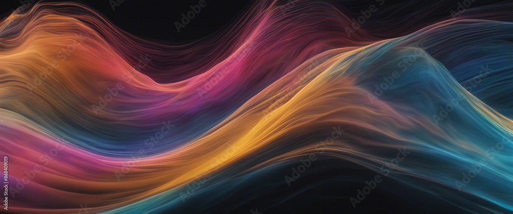 Abstract fluid iridescent holographic curved wave in motion colorful gradient design on black backgr Abstract fluid iridescent holographic curved wave in motion colorful gradient design on black backgr