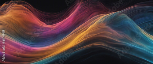 Abstract fluid iridescent holographic curved wave in motion colorful gradient design on black backgr