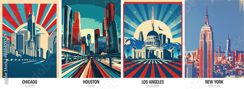 Famous American cities poster collection. USA red white and blue city prints