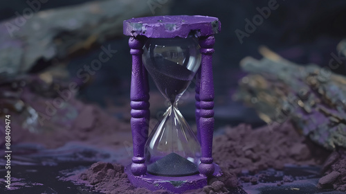 Creative Ash Wednesday Scene, Purple Hourglass with Ashes Flowing Instead of Sand, Symbolizing Time and Reflection, Purple Hourglass with Ashes, A Unique Representation of Ash Wednesday and the Passa photo