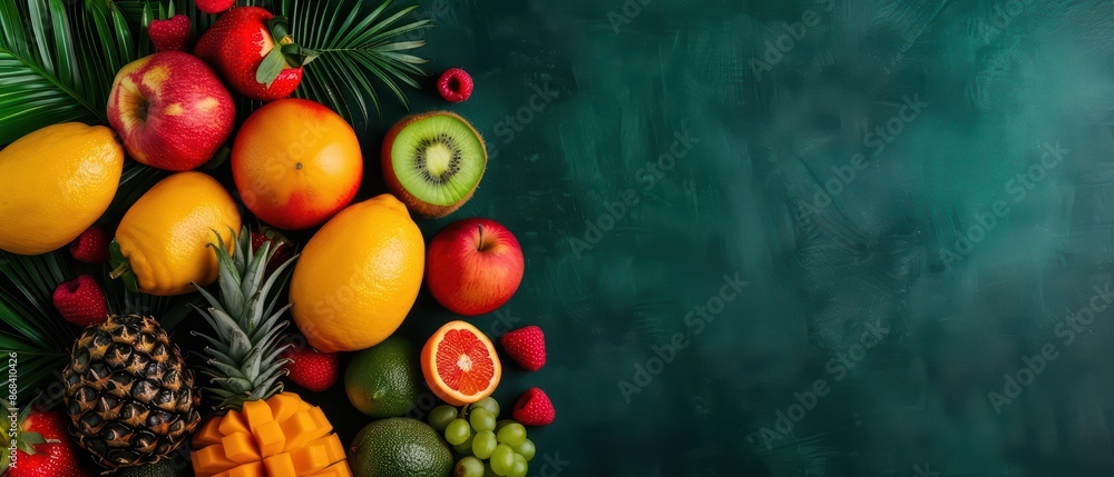 A vibrant explosion of tropical fruits bursting with color and energy, with copy space A vibrant explosion of tropical fruits bursting with color and energy, with copy space