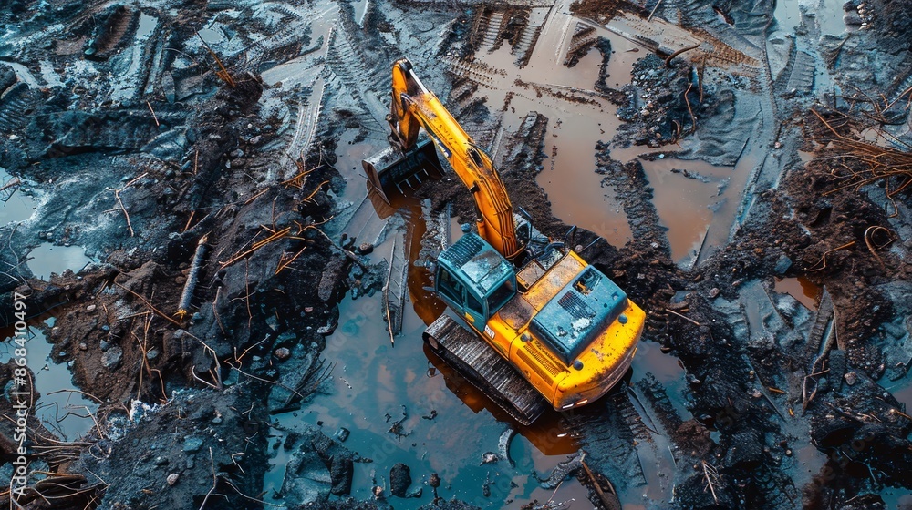 A yellow and black construction vehicle is in a muddy field A yellow and black construction vehicle is in a muddy field