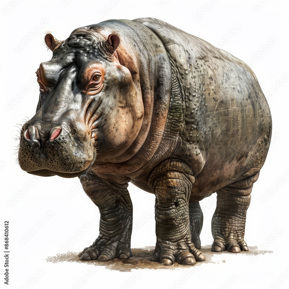 Naklejka premium A large, dirty looking elephant is standing on a white background