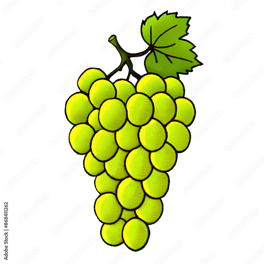 Fototapeta premium Green Grapes Bunch with Leaves Illustration