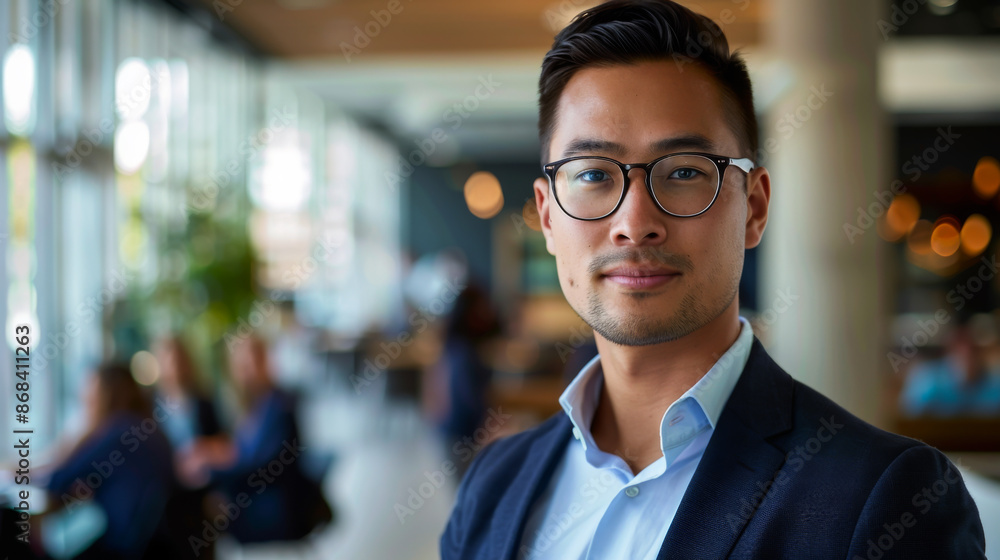 A portrait of a young man in an office suit with glasses, his arms crossed, stands in the office corridor. Office worker looking at camera indoors. A portrait of a young man in an office suit with glasses, his arms crossed, stands in the office corridor. Office worker looking at camera indoors.