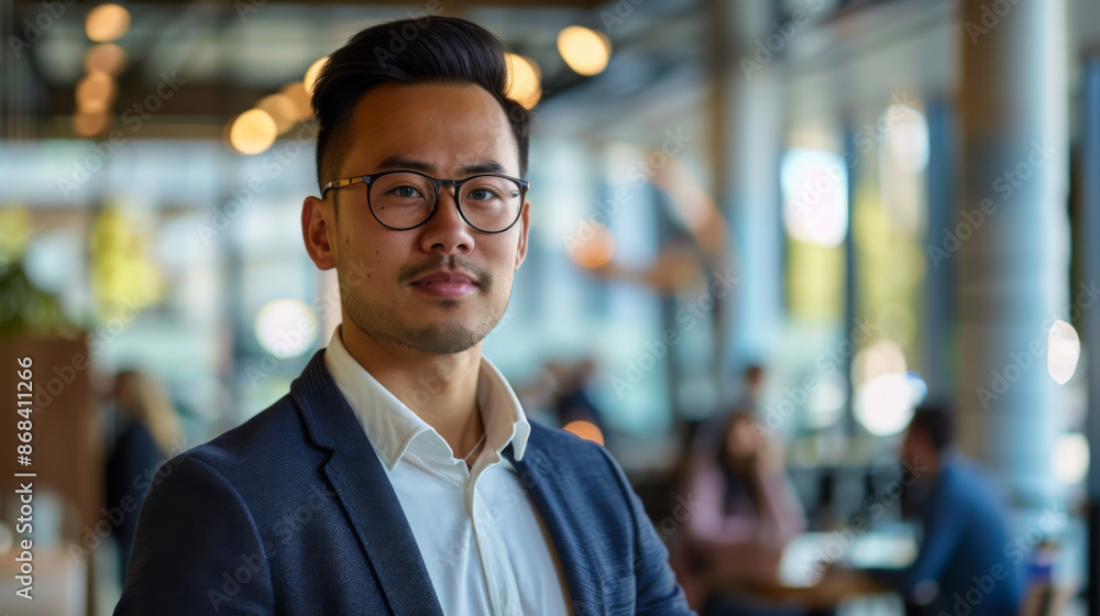 A portrait of a young man in an office suit with glasses, his arms crossed, stands in the office corridor. Office worker looking at camera indoors. A portrait of a young man in an office suit with glasses, his arms crossed, stands in the office corridor. Office worker looking at camera indoors.