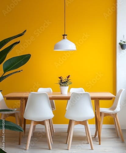 Minimalist dining room with yellow wall