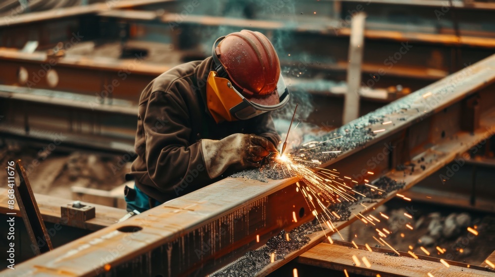 A worker welding steel beams together, with sparks flying, illustrating the skilled trades involved in construction. A worker welding steel beams together, with sparks flying, illustrating the skilled trades involved in construction.