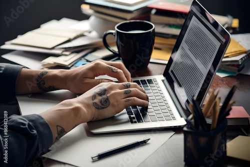 Man working with a laptop company job workspace technology blogger author journalism