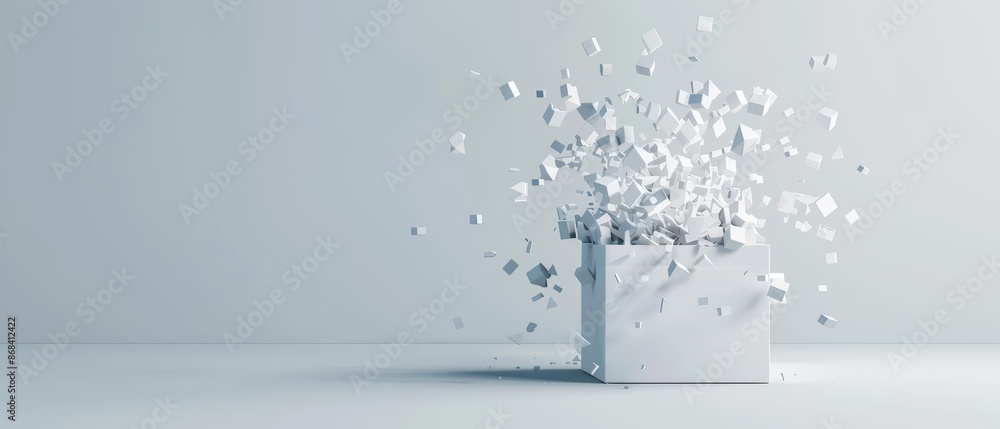 Dynamic illustration of a box exploding into a shower of geometric shapes, with copy space Dynamic illustration of a box exploding into a shower of geometric shapes, with copy space