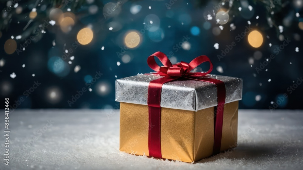 A beautifully wrapped gift box with a bow sits under a sparkling Christmas tree A beautifully wrapped gift box with a bow sits under a sparkling Christmas tree