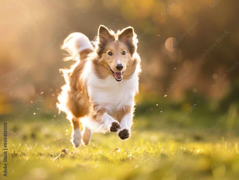 Full body shot of a Collie, happily running in the soft sunlight. Full body shot of a Collie, happily running in the soft sunlight.