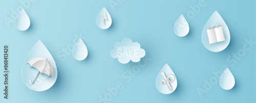Raindrop background template for sale. Monsoon sale templates. Rainy season. paper cut and craft style. vector, illustration.