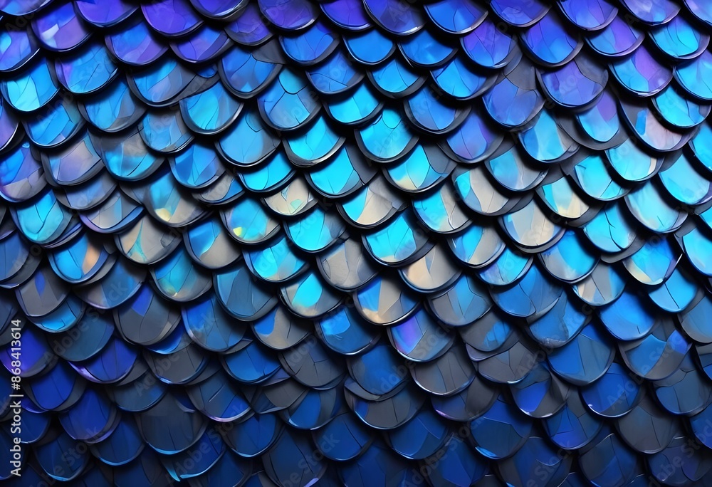 Fototapeta premium Overlapping blue and gray scales, resembling the texture of a fish or reptile skin, fantasy, blue and purple, shiny, dnd