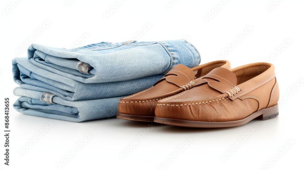 A super sharp image of a pair of vintage loafers next to folded bell-bottom jeans A super sharp image of a pair of vintage loafers next to folded bell-bottom jeans