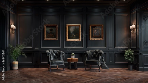 Luxurious room with three landscape paintings on wood-paneled walls