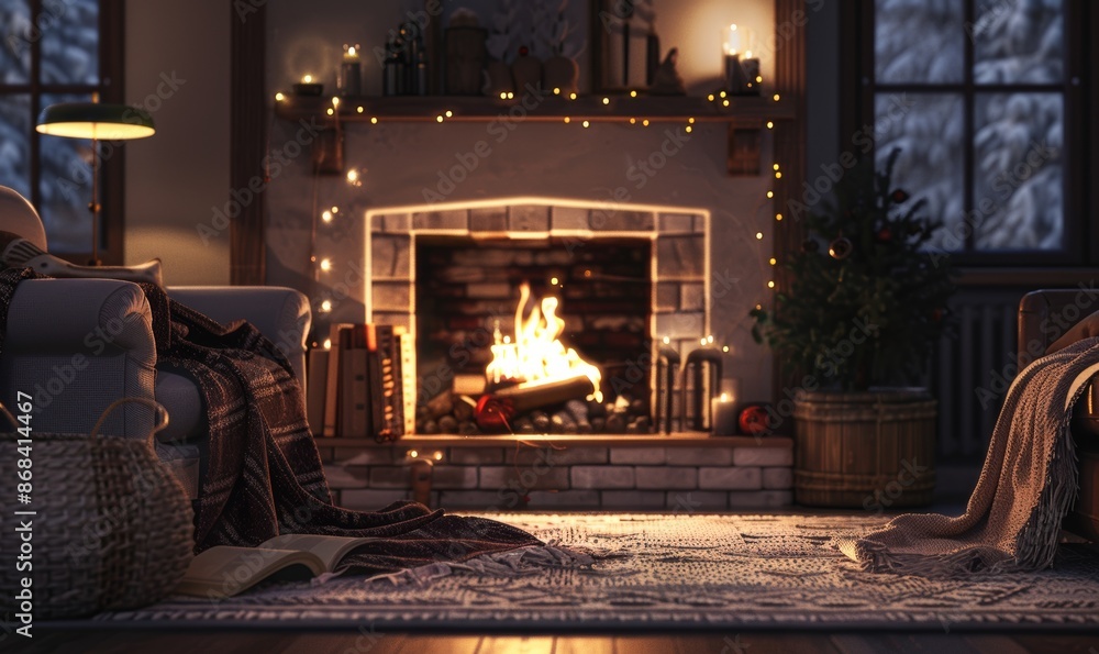 cozy living room with fireplace, warm lighting, comfortable furniture, filled with Christmas decorations like lights, garlands, tree branches, books on coffee table, soft blanket over armchair cozy living room with fireplace, warm lighting, comfortable furniture, filled with Christmas decorations like lights, garlands, tree branches, books on coffee table, soft blanket over armchair