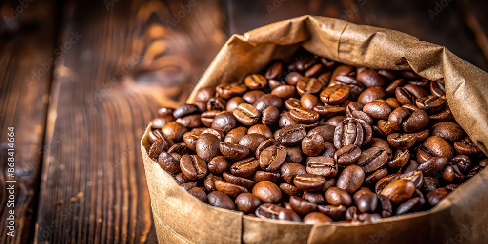 Fototapeta premium Close up of freshly roasted coffee beans in a brown paper bag, coffee, beans, bag, close up, freshly roasted, aromatic