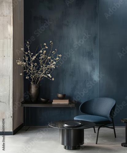 Minimalist interior with blue wall and metal accents