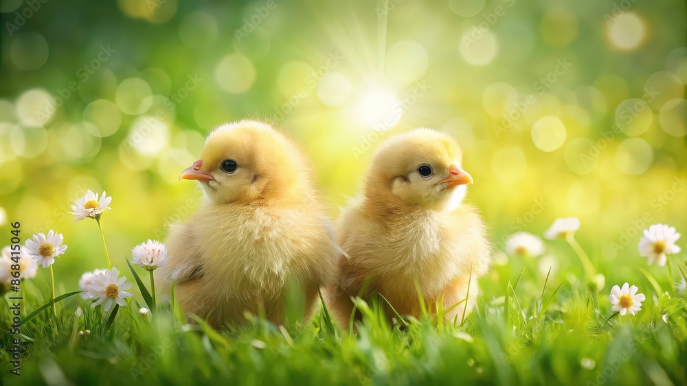 Two fluffy golden chicks sitting in a lush spring background, chicks, golden, fluffy, spring, background, nature, cute, adorable Two fluffy golden chicks sitting in a lush spring background, chicks, golden, fluffy, spring, background, nature, cute, adorable